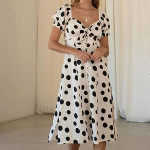 Kivari Rammy Polka Dot Midi Tie Front Linen Dress Cream/Black Size Medium EUC